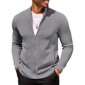 Mens Zip Up Cardigan Sweater with 2 Front Pockets Grey